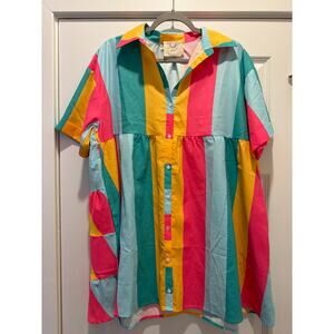 Fantastic Fawn Colorful Rainbow Button Down Knee Length Tunic Dress Small